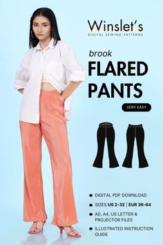 a woman in white shirt and pink pants with text that reads,'broke flared pants very easy '