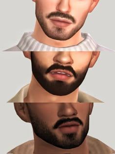 three different angles of a man's face with beards and hair clips on his head