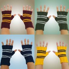 four pictures of hands with different colored knitted gloves