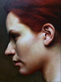 a painting of a woman's face with red hair and piercings on her ears