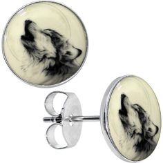 Approximately 10mm Diameter, Stainless Steel Post with Friction Backs, Pierced Earrings, Logo Inlay You will howl for this eye-catching wolf earrings. Stainless steel stud post earrings with logo inlay. Glow in the dark earrings will light up your night. Stainless Steel Earrings Studs, Dark Earrings, Wolf Pendant Necklace, Candy Earrings, Jewelry Promotion, Wolves Pendants, Howling Wolf, Dog Jewelry, Discount Jewelry