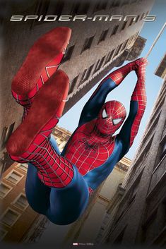 the amazing spider - man is hanging upside down in an urban area with tall buildings