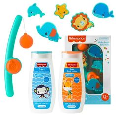 an assortment of baby toys including toothbrush, mouthwash and teethpaste