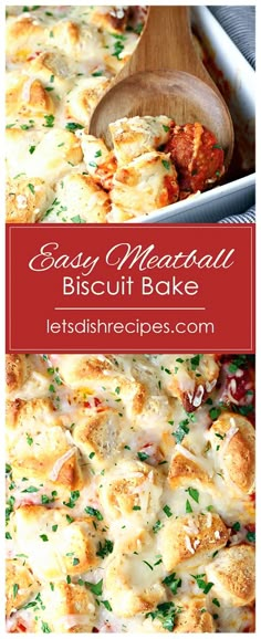 easy meatball biscuit bake with cheese and herbs in a casserole dish