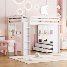 a child's bedroom with pink walls and white bunk bed, desk and chair