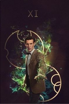 the tenth doctor who appears to be in front of a clock with green and yellow swirls