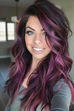 Click for More ➡️ | Save for Later ❤️  Mix black cherry with blonde highlights for a striking contrast that’s sure to turn heads. This combination is perfect for a bold, modern look on long or short hair. (Black Cherry and Blonde Highlights) White Silver Highlights, Blonde Hair With Violet Lowlights, Fun Highlights For Dark Hair, Plum And Blonde Highlights, Brunette With Burgundy Balayage, Strawberry Blonde And Purple Hair, Hair Color Placement Techniques, Galaxy Purple Hair, Grey To Purple Hair