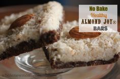 no bake almond joy bars on a plate with the words, no bake almond joy bars