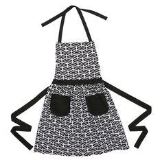 a black and white apron with two pockets