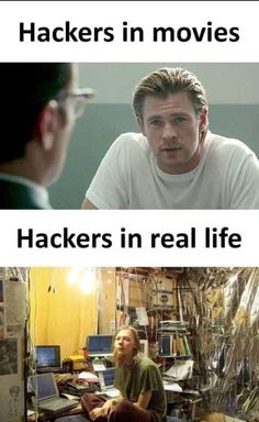 two pictures with the words hackers in movies and an image of a man sitting at a desk