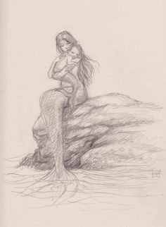 a pencil drawing of a mermaid sitting on a rock with her arms around her neck