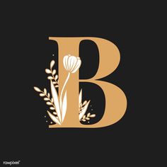 the letter b is made up of flowers and leaves in gold on a black background