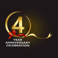 the four year anniversary celebration logo with gold and red ribbon on a black background,