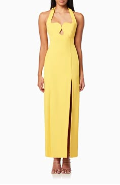 Elliatt Tuning Halter Neck Column Gown | Nordstrom Nice Long Dresses, Blue Yellow Weddings, Yellow Fits, Wedding Court, Halter Gown, Column Gown, Wedding Bridesmaid, Wedding Bridesmaid Dresses, Halter Neckline