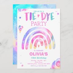 a tie dye party card with an image of a rainbow