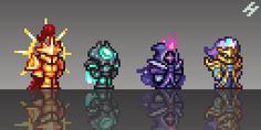 five pixel characters are shown in different colors and sizes