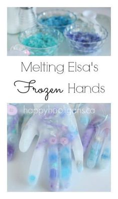 two pictures with text that says melting ellsa's frozen hands