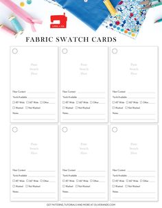 the fabric swatch cards are lined up on top of each other with sewing supplies