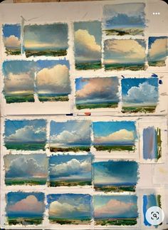 several pictures of clouds are shown on a piece of paper