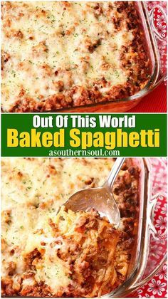 baked spaghetti casserole in a glass dish with a spoon