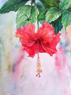 a watercolor painting of a red flower with green leaves hanging from it's center