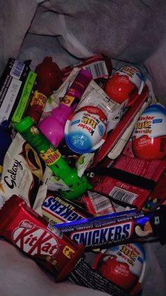 a bag full of candy and other items