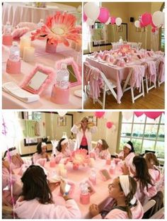 pink and white baby shower party with balloons, decorations, table cloths and centerpieces