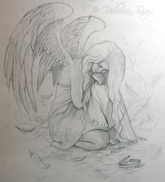 a drawing of an angel sitting on the ground with her hands in her face and eyes closed