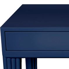 a blue table with three legs and a drawer on the top that has two drawers