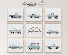 six framed pictures with cars on them in blue and white, the words'long live boyfriend