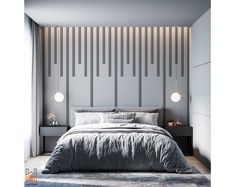 a large bed sitting in a bedroom next to a wall with vertical lines on it