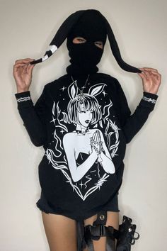 girl wearing oversized graphic t shirt with a black ski mask that has bunny ears Alternative Girl Aesthetic, Bunny Ski Mask, Ski Mask Fashion, Aesthetic Bunny, Suit Art, Tech Suit, Alternative Girl, Aesthetic Types, Mask Aesthetic