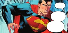 a comic character with a speech bubble above his head and an image of superman in the background