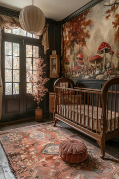 50 Whimsical Baby Boy Nursery Ideas for Magical Moments Modern Victorian Nursery, Nursery Ideas Antique, Maroon Nursery, Moody Baby Nursery, Dark Academia Nursery, Nursery Ideas Dark, Country Nursery Ideas, Vintage Style Nursery, Vintage Gender Neutral Nursery