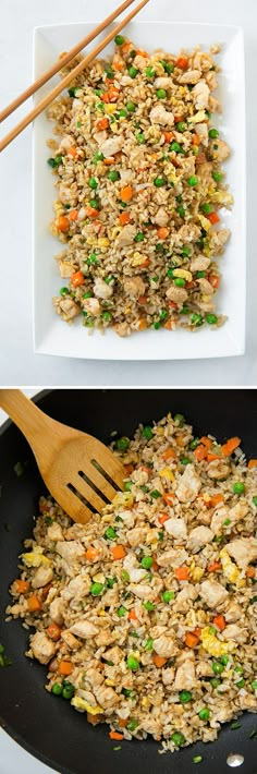 two pictures of rice and vegetables being cooked in a skillet with chopsticks