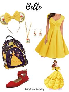 some disney princess outfits and accessories are shown with the words,'belle'on them