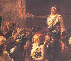 a painting of a man standing in front of a group of people