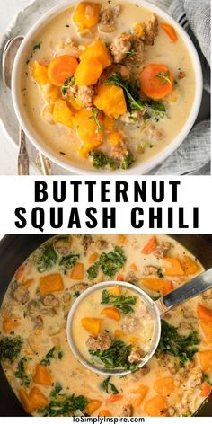 two pictures with different types of soup in them and the words butternut squash chili