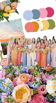 a group of women standing next to each other with flowers in front of them and color swatches