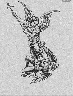 Medieval Angel Tattoo, Xavier Wulf Tattoo Ideas, Angel Swordsman Tattoo, Angel Men Tattoo, Dill Tattoos, Shoulder And Arm Tattoo For Men, Siligism Tattoo, God Back Tattoo, Front Leg Tattoo Men