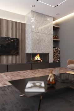 a living room with a fire place next to a wall mounted tv on the wall