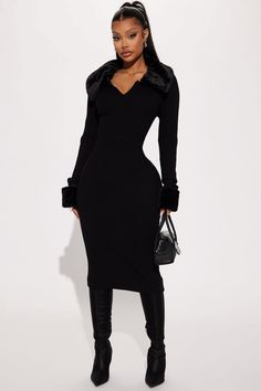 Available In Nude And Black. Collar Midi Dress V-Neckline Long Sleeve Detachable Fur Collar Stretch 68% Rayon 32% Polyester Imported | Majestic Elegance Collar Midi Dress in Black size Medium by Fashion Nova Chic Dress Classy, Cute Casual Dresses, Fashion Nova Outfits, Professional Outfits Women, Dresses Casual Winter, Warm Dresses, Women Long Sleeve Dress, Classy Work Outfits, Elegant Dresses For Women