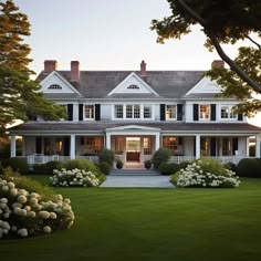 a large white house surrounded by lush green grass