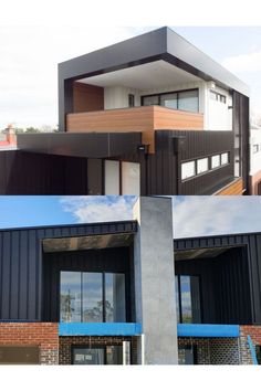 two pictures of different types of houses with windows and balconies on each side