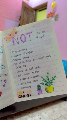 an open notebook with writing on it that says not to do list