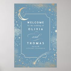 a blue and gold wedding welcome card