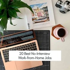 a laptop computer sitting on top of a desk next to a cup of coffee and camera