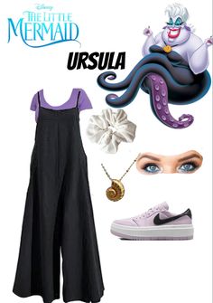 the little mermaid costume is shown with shoes, necklaces and other things to wear