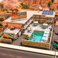 an artist's rendering of a motel in the desert