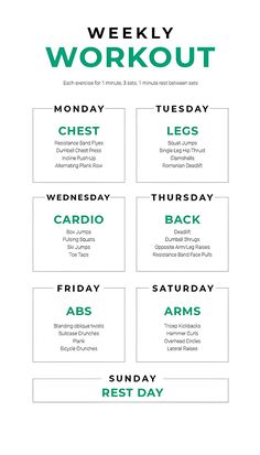 the weekly workout schedule is shown with green and white numbers on it, including two days to